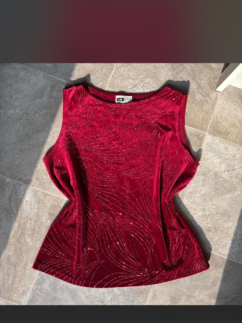 I.N. Studio Burgundy Velvet Sleeveless Top with Metallic Swirl